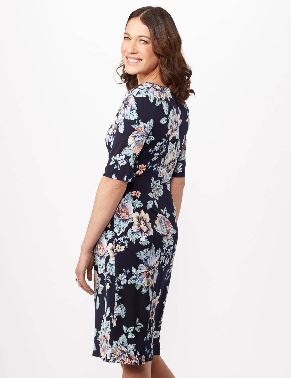 Aqua Floral Dress with Side Ruch