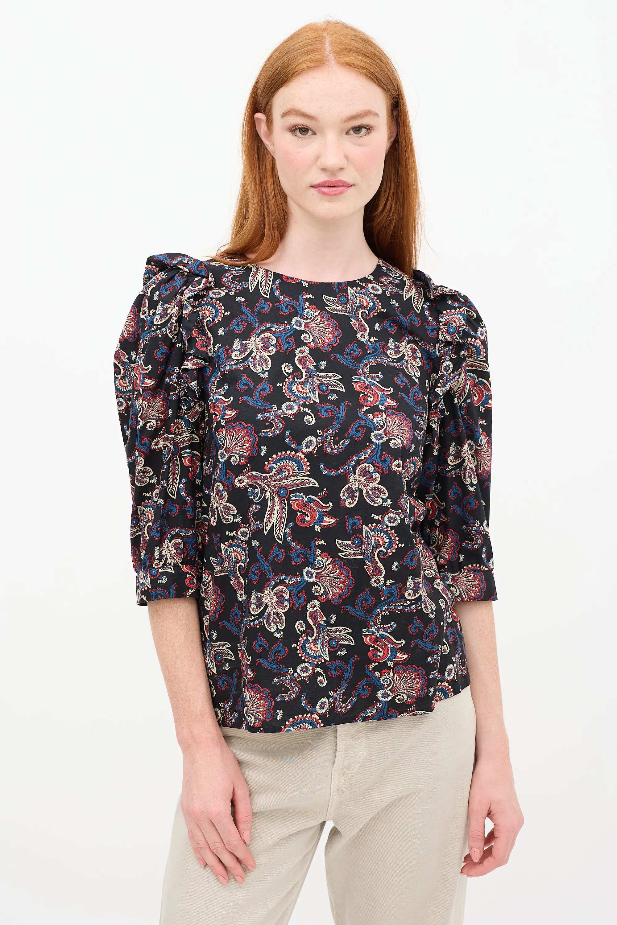Black & Multi Paisley Ruffle Top