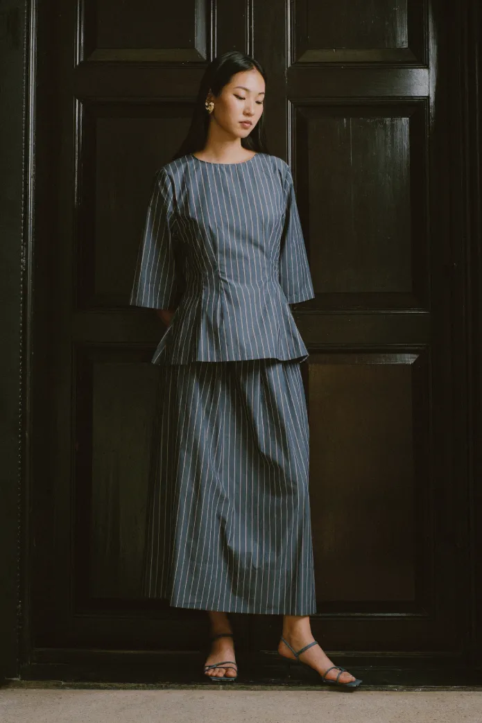 Canvas Waisted Top in Steel Blue Stripe