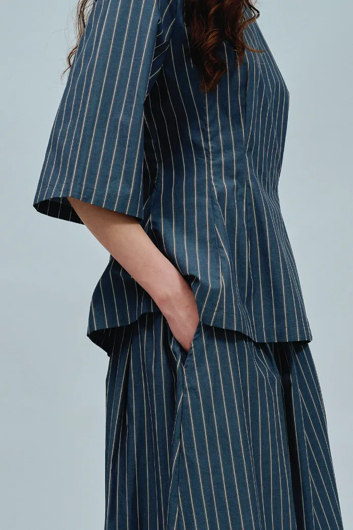 Canvas Waisted Top in Steel Blue Stripe