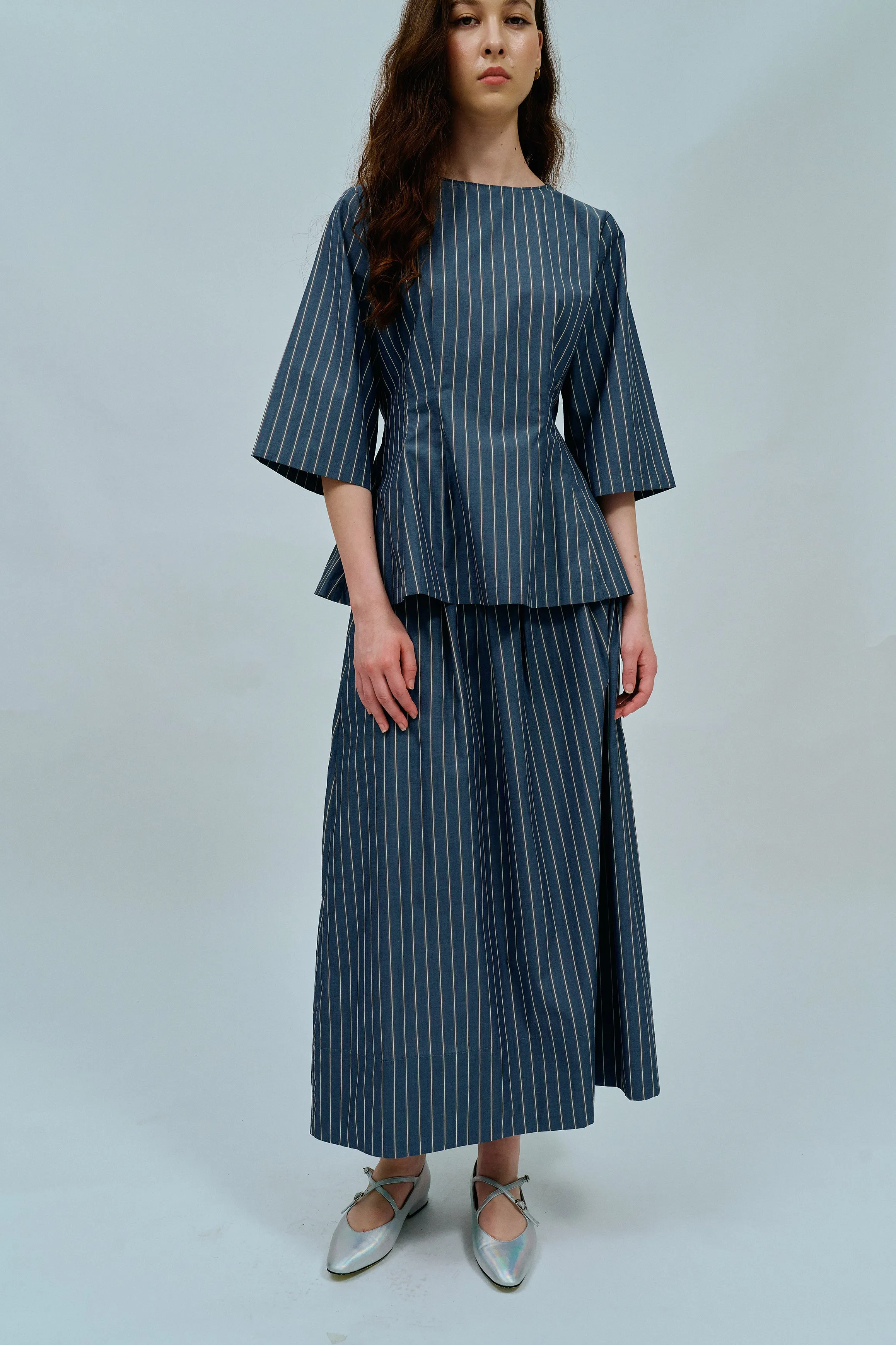 Canvas Waisted Top in Steel Blue Stripe