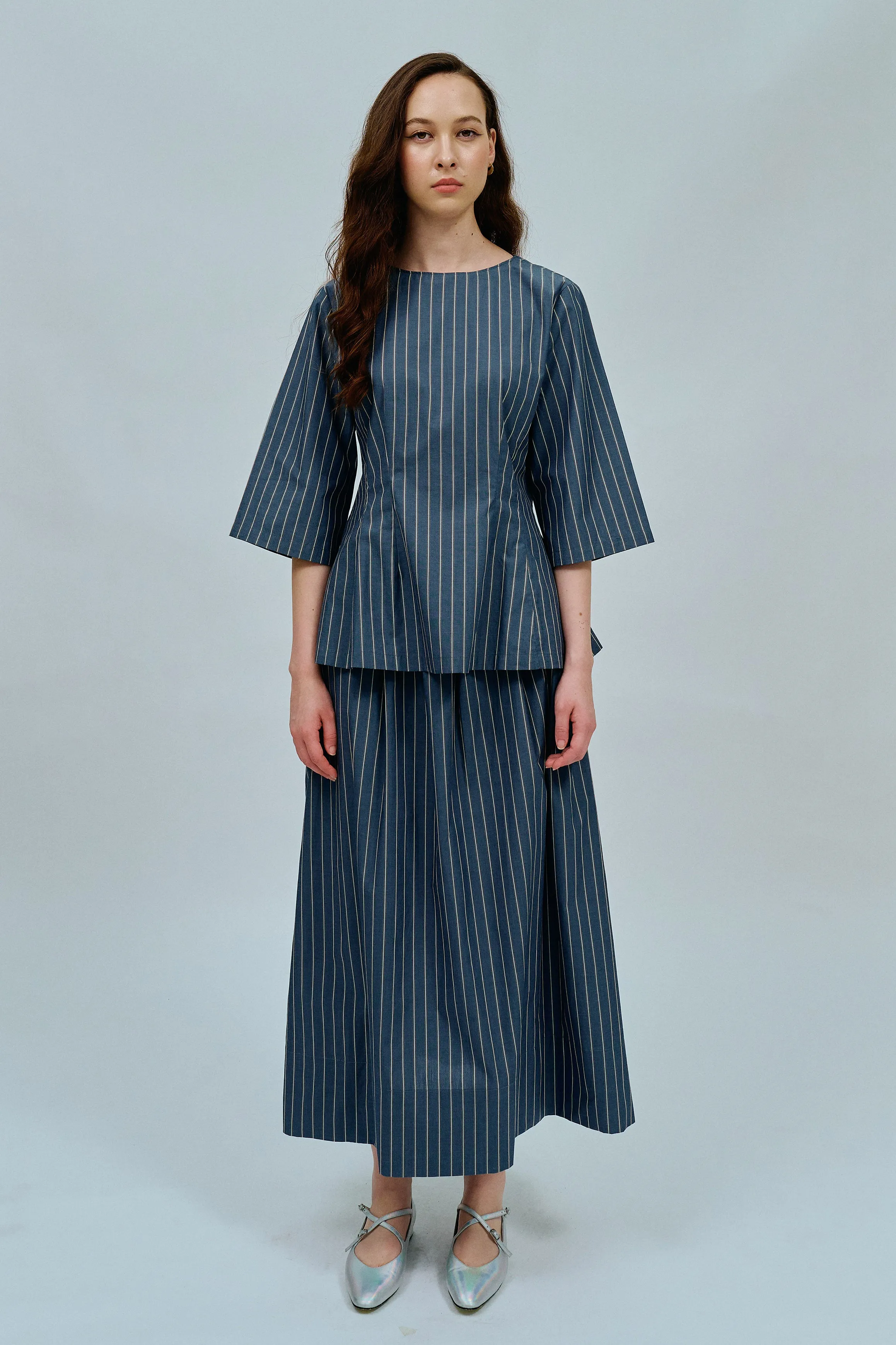 Canvas Waisted Top in Steel Blue Stripe