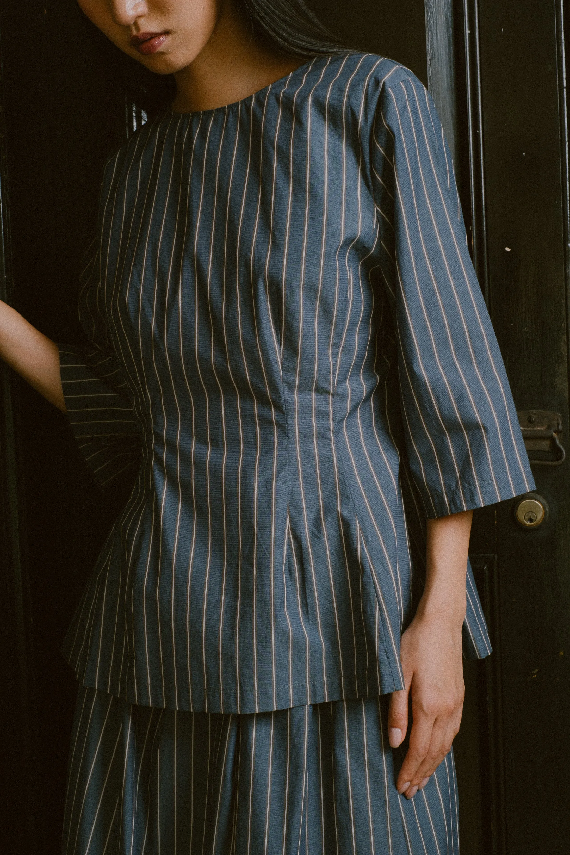 Canvas Waisted Top in Steel Blue Stripe