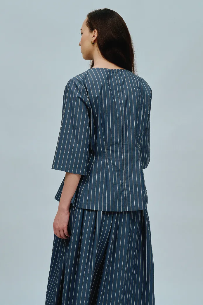 Canvas Waisted Top in Steel Blue Stripe