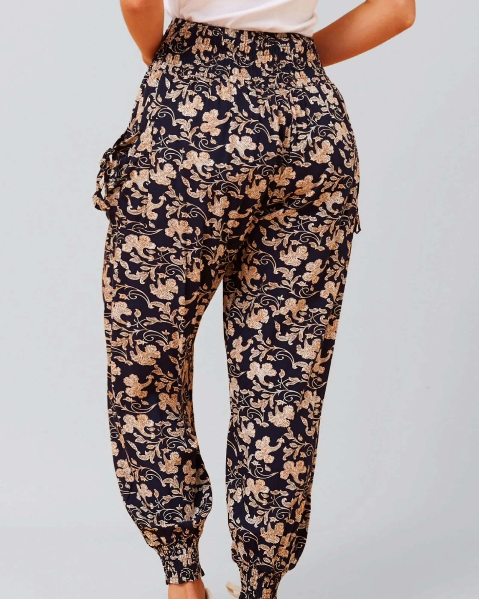 Edna Pants Harem Boho Smocked Waist | Navy