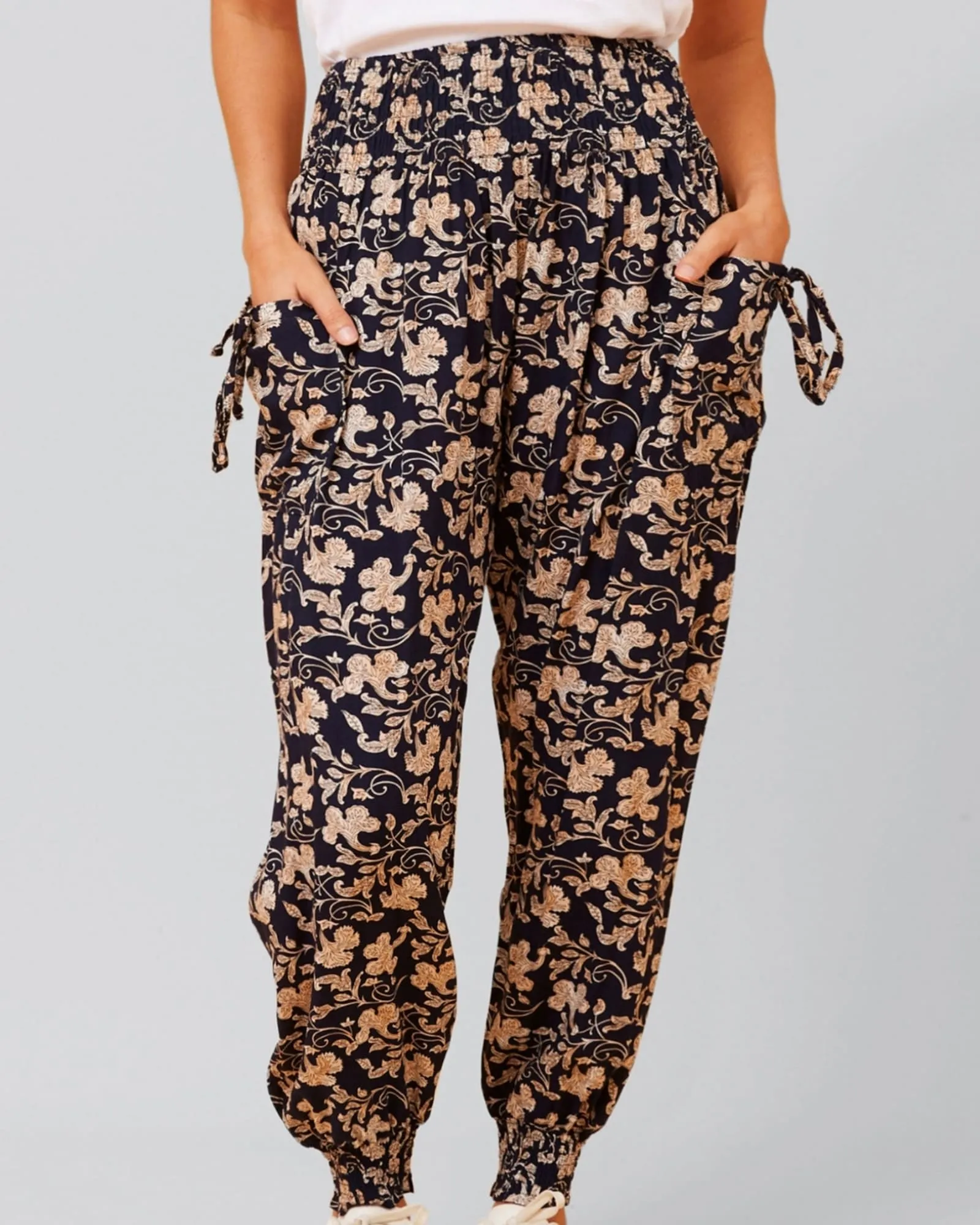 Edna Pants Harem Boho Smocked Waist | Navy