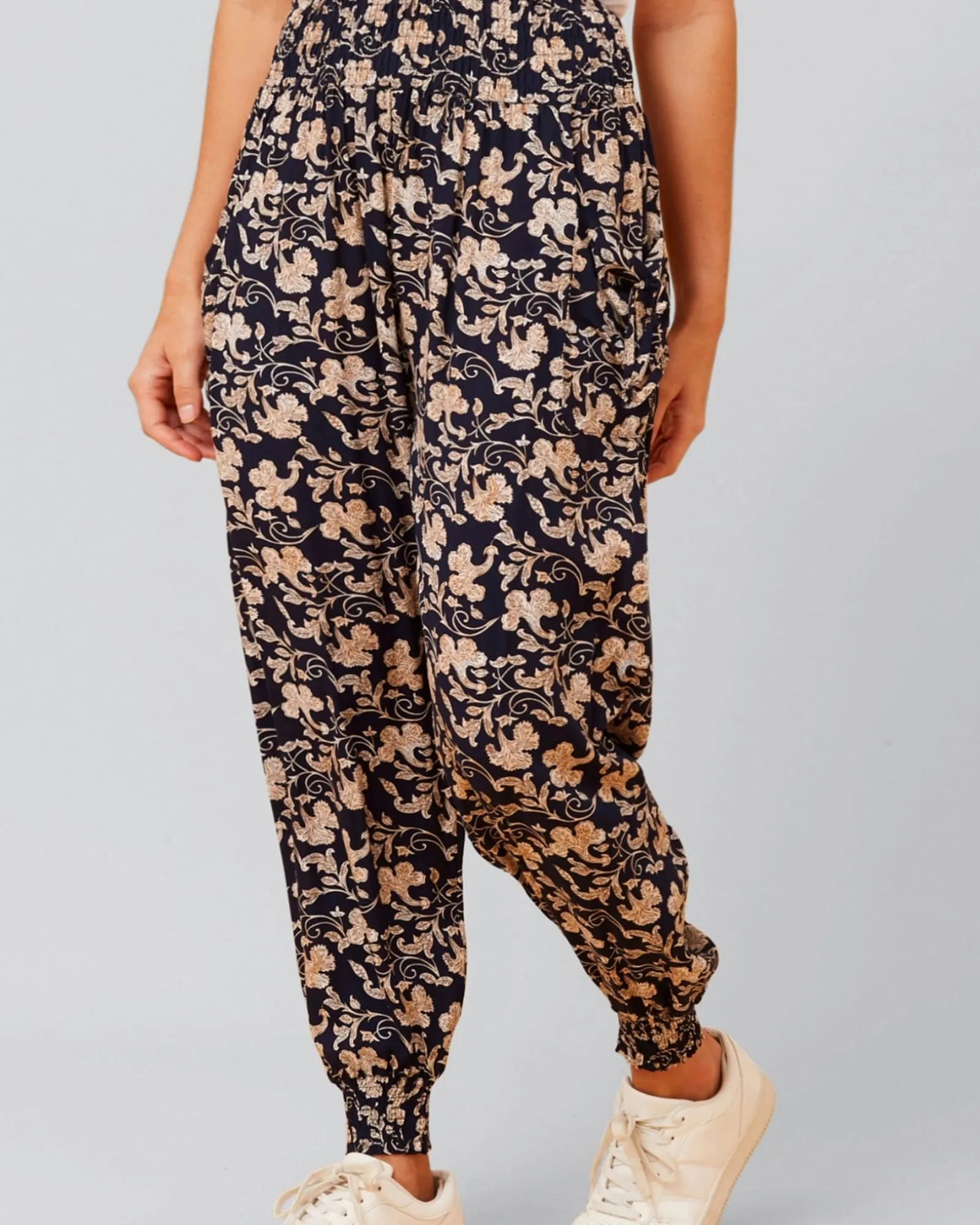 Edna Pants Harem Boho Smocked Waist | Navy
