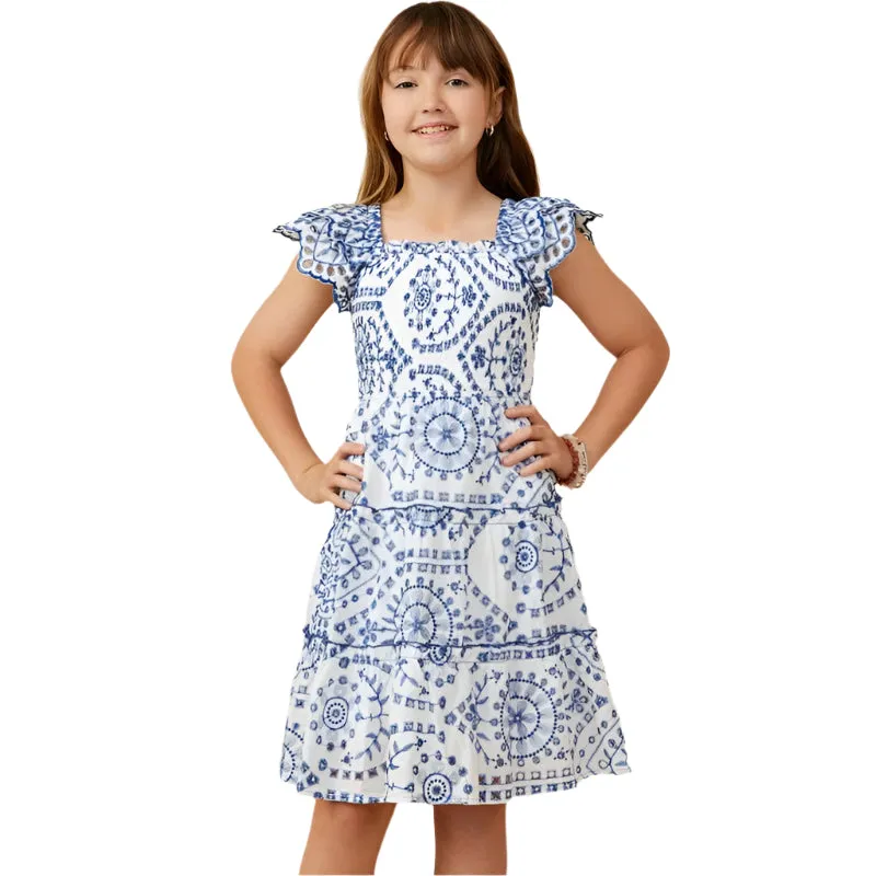 Girl's Hayden Eyelet Embroidered Scalloped Ruffle Dress GY9319