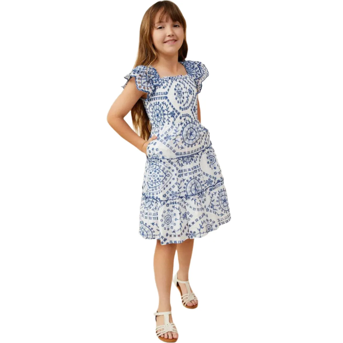 Girl's Hayden Eyelet Embroidered Scalloped Ruffle Dress GY9319