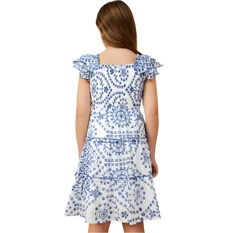 Girl's Hayden Eyelet Embroidered Scalloped Ruffle Dress GY9319