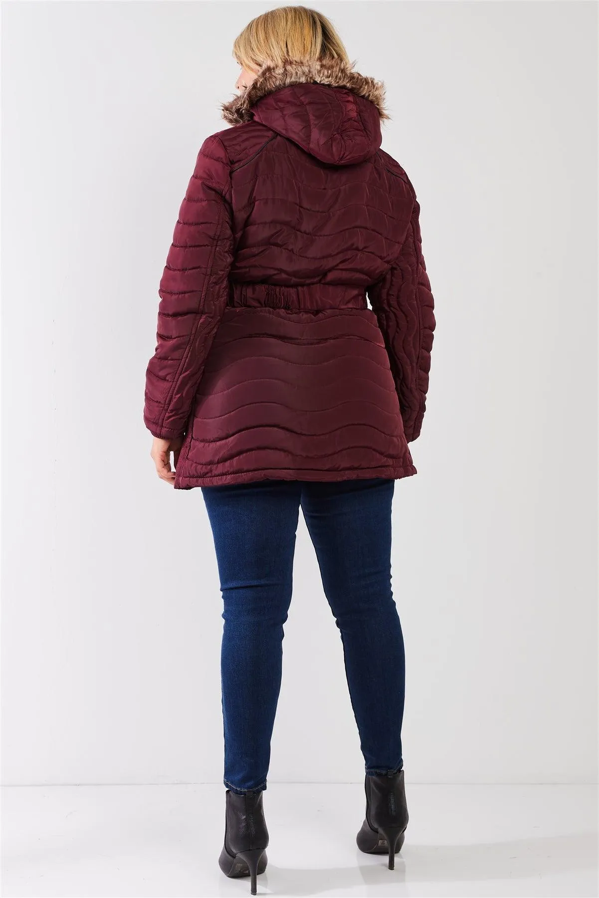 Junior Plus Wine-Burgundy Wavy Quilt Padded Faux Fur Detachable Hood Belted Long Puffer Jacket /1-1-1-1