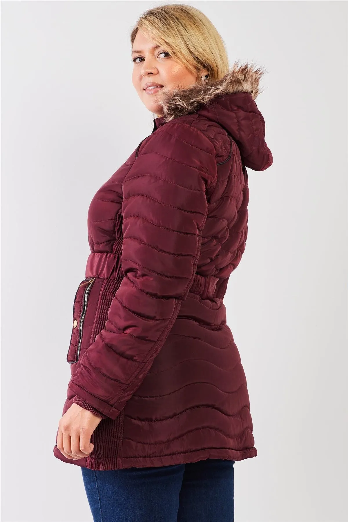 Junior Plus Wine-Burgundy Wavy Quilt Padded Faux Fur Detachable Hood Belted Long Puffer Jacket /1-1-1-1