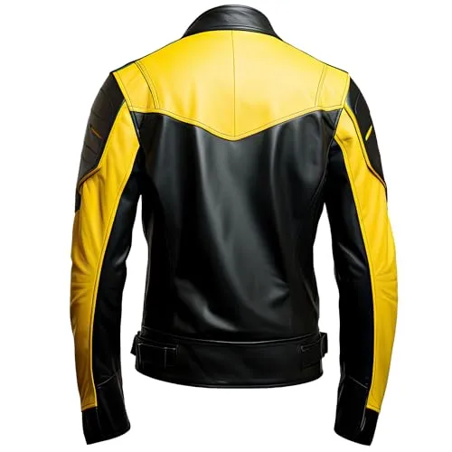 Mens Yellow Black Genuine Sheepskin Stand Collar Riding MultiZipper Outerwear Biker Punk Leather Jacket