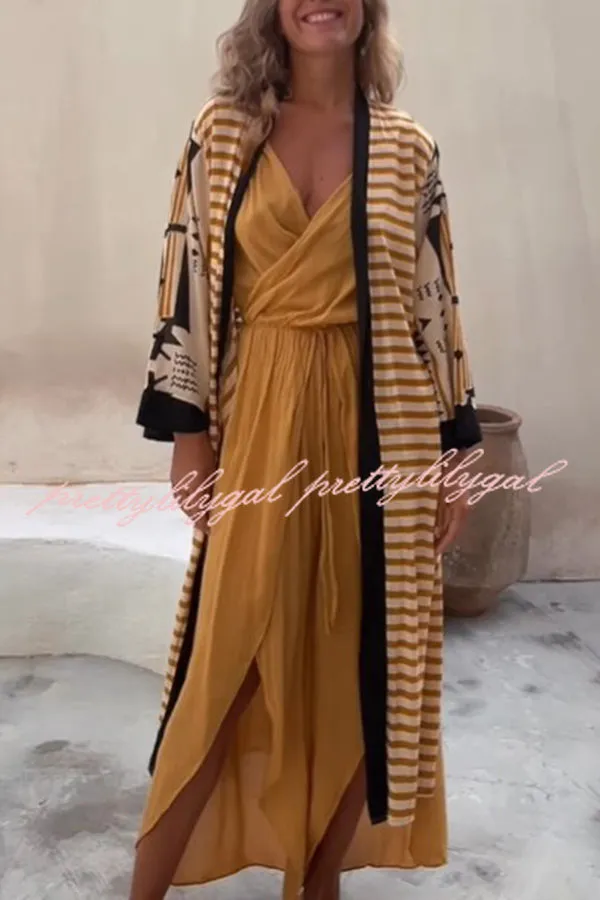 Retro Geometric Ethnic Print Open Front Slit Duster Kimono